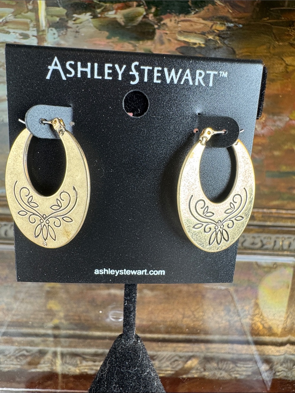 0575-Ashley Stewart Gold Floral Cutout Hoop Earrings